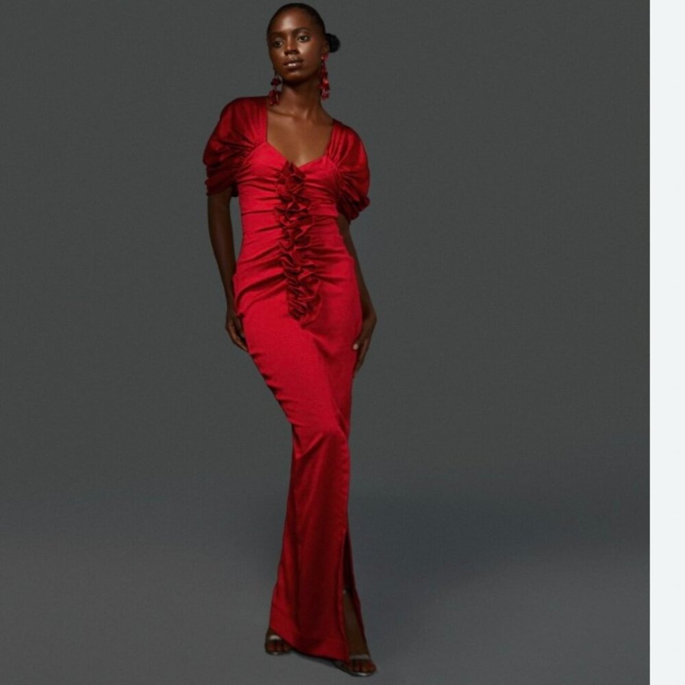 ORIRE Red SUSS Ruffle Silk Gown, Red Prom Formal Dress, Sz Small (4)